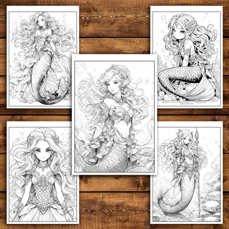Carte de colorat pentru relaxare si antistres, 47 de ilustratii, Anime Mermaids - Volumul II, 100 pagini [3]