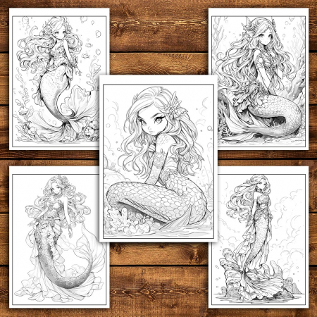 Carte de colorat pentru relaxare si antistres, 47 de ilustratii, Anime Mermaids - Volumul II, 100 pagini [4]