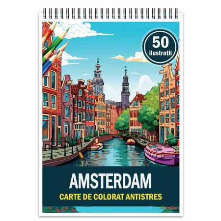 Carti de colorat cu Peisaje, cladiri, castele - Carte de colorat pentru relaxare si antistres, 50 de ilustratii, Amsterdam, 106 pagini