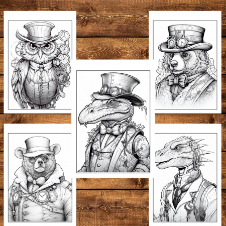 Carte de colorat pentru relaxare si antistres, 50 de ilustratii, Animale Steampunk, 106 pagini [5]