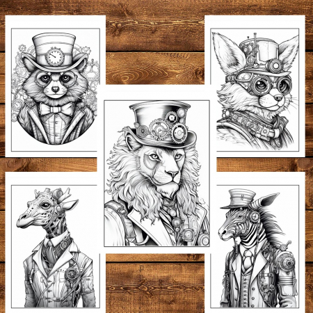 Carte de colorat pentru relaxare si antistres, 50 de ilustratii, Animale Steampunk, 106 pagini [4]