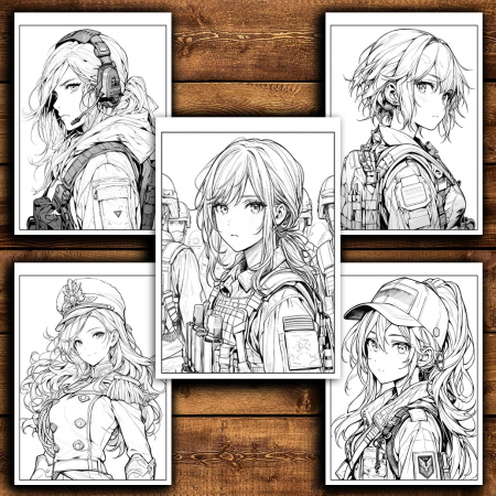 Carte de colorat pentru relaxare si antistres, 50 de ilustratii, Anime Army Girls - Volumul II, 106 pagini [3]