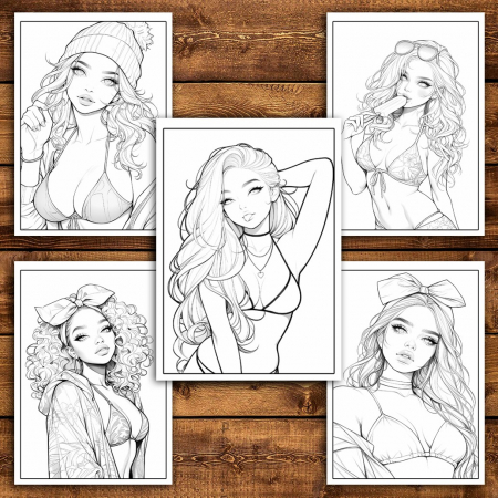 Carte de colorat pentru relaxare si antistres, 50 de ilustratii, Anime Bikini Girls, 106 pagini [5]