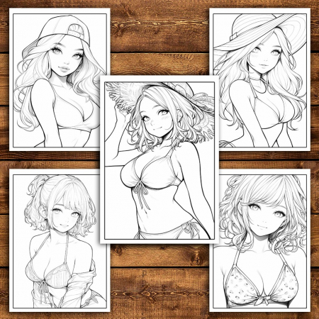 Carte de colorat pentru relaxare si antistres, 50 de ilustratii, Anime Bikini Girls, 106 pagini [3]