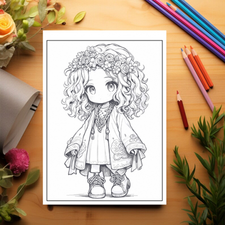 Carte de colorat pentru relaxare si antistres, 50 de ilustratii, Anime Chibi Boemian Girls, 106 pagini [2]