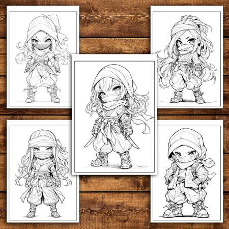 Carte de colorat pentru relaxare si antistres, 50 de ilustratii, Anime Chibi Ninjas, 106 pagini [4]