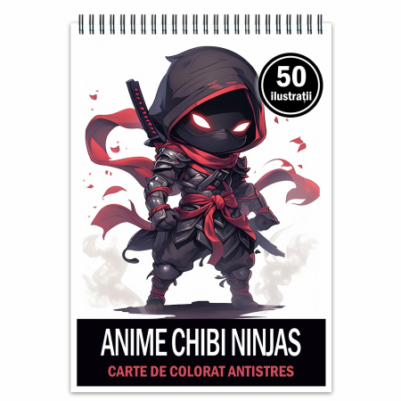 Carti de colorat cu Anime / Personaje - Carte de colorat pentru relaxare si antistres, 50 de ilustratii, Anime Chibi Ninjas, 106 pagini