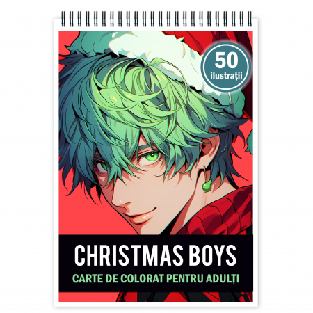 Baieti Anime - Carte de colorat pentru relaxare si antistres, 50 de ilustratii, Anime Christmas Boys, 106 pagini
