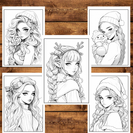 Carte de colorat pentru relaxare si antistres, 50 de ilustratii, Anime Christmas Girls, 106 pagini [5]
