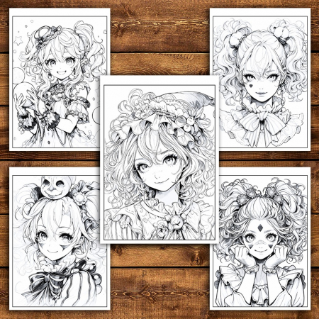 Carte de colorat pentru relaxare si antistres, 50 de ilustratii, Anime Clown Girls - Volumul II, 106 pagini [4]