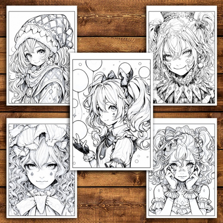 Carte de colorat pentru relaxare si antistres, 50 de ilustratii, Anime Clown Girls - Volumul II, 106 pagini [3]