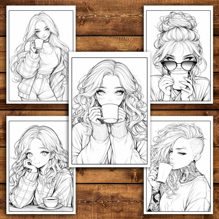 Carte de colorat pentru relaxare si antistres, 50 de ilustratii, Anime Coffee Girls, 106 pagini [3]