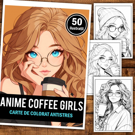 Carte de colorat pentru relaxare si antistres, 50 de ilustratii, Anime Coffee Girls, 106 pagini [1]