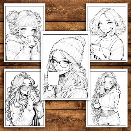 Carte de colorat pentru relaxare si antistres, 50 de ilustratii, Anime Coffee Girls, 106 pagini [4]