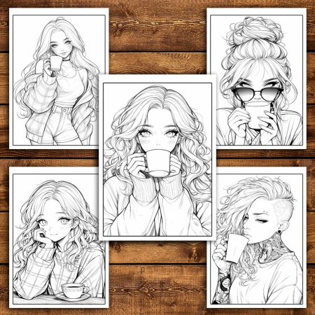 Carte de colorat pentru relaxare si antistres, 50 de ilustratii, Anime Coffee Girls, 106 pagini [3]