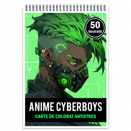 Baieti Anime - Carte de colorat pentru relaxare si antistres, 50 de ilustratii, Anime Cyberpunk Boys, 106 pagini