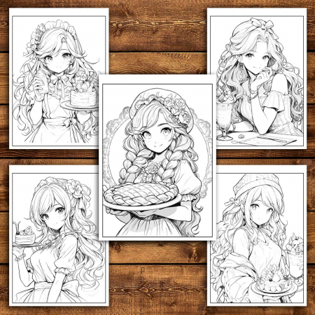 Carte de colorat pentru relaxare si antistres, 50 de ilustratii, Anime Dessert Girls - Volumul I, 106 pagini [4]