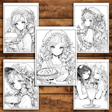 Carte de colorat pentru relaxare si antistres, 50 de ilustratii, Anime Dessert Girls - Volumul I, 106 pagini [3]