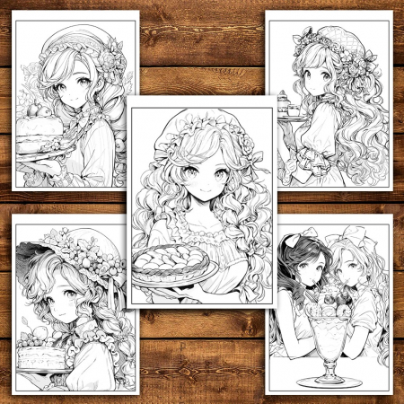 Carte de colorat pentru relaxare si antistres, 50 de ilustratii, Anime Dessert Girls - Volumul I, 106 pagini [3]