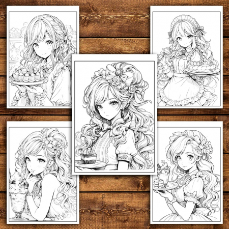 Carte de colorat pentru relaxare si antistres, 50 de ilustratii, Anime Dessert Girls - VolumulI I, 106 pagini [3]