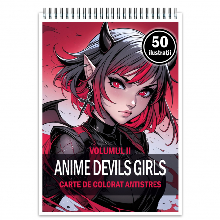 Fete Anime - Carte de colorat pentru relaxare si antistres, 50 de ilustratii, Anime Devils Girls, 106 pagini