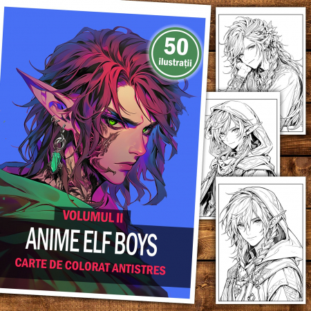 Carte de colorat pentru relaxare si antistres, 50 de ilustratii, Anime Elf Boys - Volumul II, 106 pagini [1]