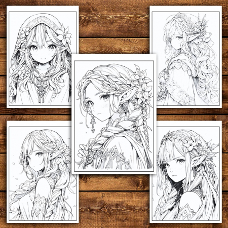 Carte de colorat pentru relaxare si antistres, 50 de ilustratii, Anime Elf Girls - Volumul III, 106 pagini [3]