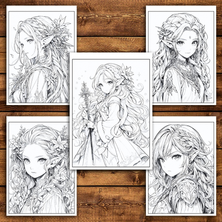 Carte de colorat pentru relaxare si antistres, 50 de ilustratii, Anime Elf Girls - Volumul III, 106 pagini [4]
