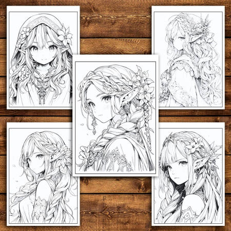 Carte de colorat pentru relaxare si antistres, 50 de ilustratii, Anime Elf Girls - Volumul III, 106 pagini [3]