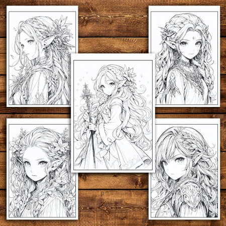 Carte de colorat pentru relaxare si antistres, 50 de ilustratii, Anime Elf Girls - Volumul III, 106 pagini [4]