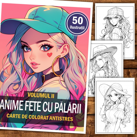 Carte de colorat pentru relaxare si antistres, 50 de ilustratii, Anime Fete cu Palarii - Volumul II, 106 pagini [1]