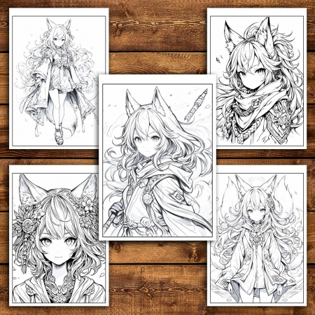 Carte de colorat pentru relaxare si antistres, 50 de ilustratii, Anime Fox Girls - Volumul II, 106 pagini [4]
