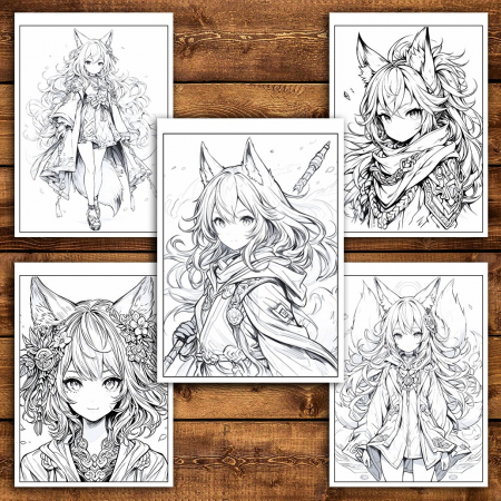 Carte de colorat pentru relaxare si antistres, 50 de ilustratii, Anime Fox Girls - Volumul II, 106 pagini [4]