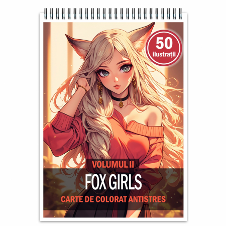 Fete Anime - Carte de colorat pentru relaxare si antistres, 50 de ilustratii, Anime Fox Girls - Volumul II, 106 pagini