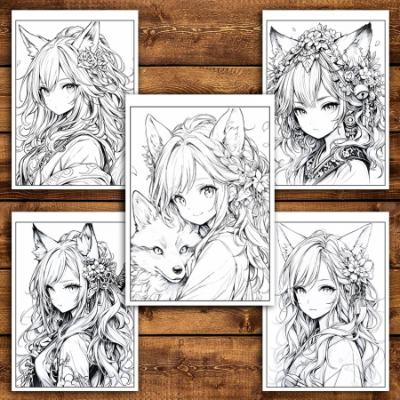 Carte de colorat pentru relaxare si antistres, 50 de ilustratii, Anime Fox Girls - Volumul II, 106 pagini [3]