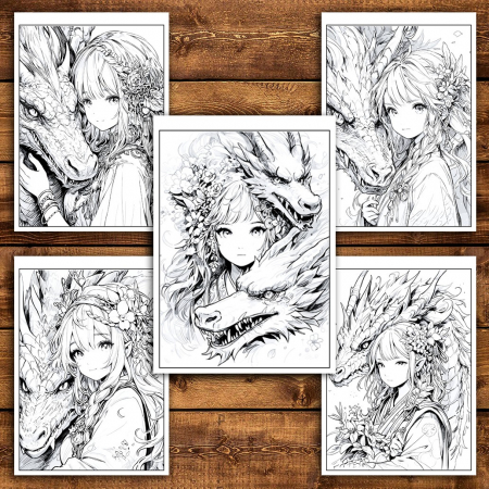 Carte de colorat pentru relaxare si antistres, 50 de ilustratii, Anime Girls and Dragons, 106 pagini [4]