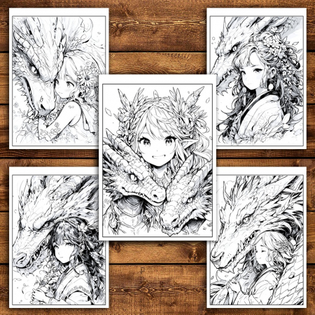 Carte de colorat pentru relaxare si antistres, 50 de ilustratii, Anime Girls and Dragons, 106 pagini [3]