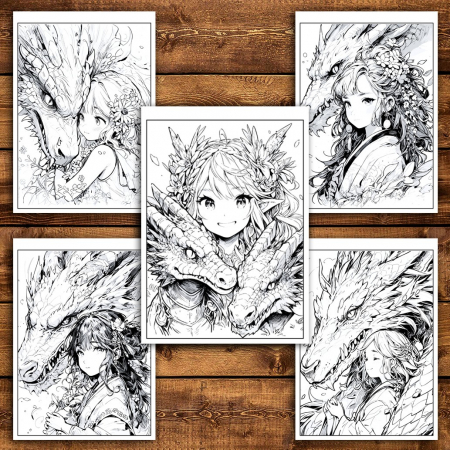 Carte de colorat pentru relaxare si antistres, 50 de ilustratii, Anime Girls and Dragons, 106 pagini [3]