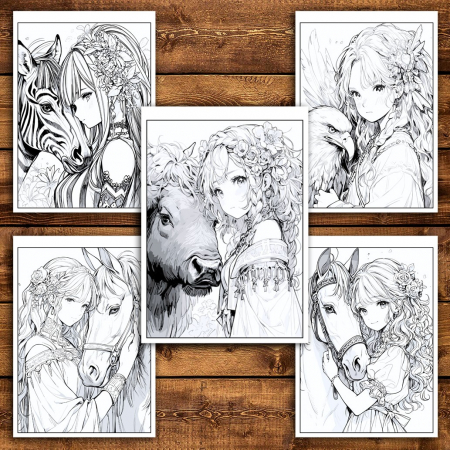 Carte de colorat pentru relaxare si antistres, 50 de ilustratii, Anime Girls with Animals, 106 pagini [5]