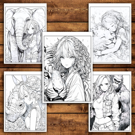 Carte de colorat pentru relaxare si antistres, 50 de ilustratii, Anime Girls with Animals, 106 pagini [3]