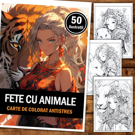 Carte de colorat pentru relaxare si antistres, 50 de ilustratii, Anime Girls with Animals, 106 pagini [1]