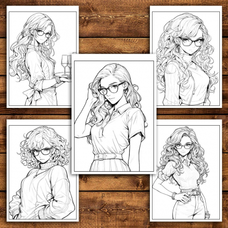 Carte de colorat pentru relaxare si antistres, 50 de ilustratii, Anime Girls with Glasses - Volumul II, 106 pagini [4]