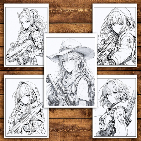 Carte de colorat pentru relaxare si antistres, 50 de ilustratii, Anime Girls with Guns, 106 pagini [3]