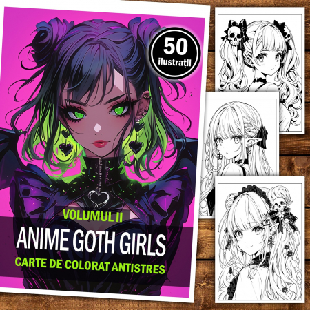 Carte de colorat pentru relaxare si antistres, 50 de ilustratii, Anime Goth Girls - Volumul II, 106 pagini [1]