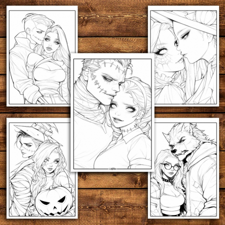 Carte de colorat pentru relaxare si antistres, 50 de ilustratii, Anime Halloween Couples, 106 pagini [4]