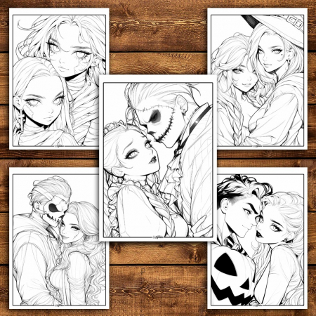 Carte de colorat pentru relaxare si antistres, 50 de ilustratii, Anime Halloween Couples, 106 pagini [3]