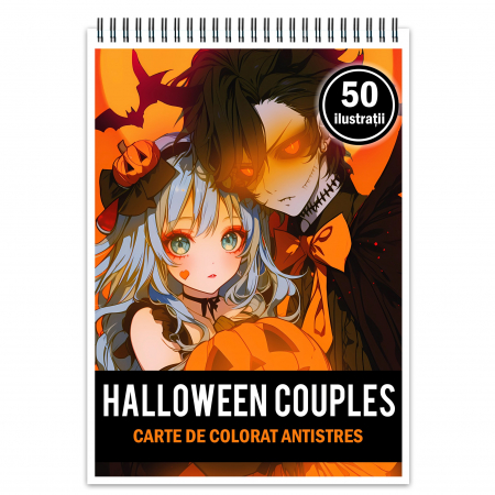 Fete Anime - Carte de colorat pentru relaxare si antistres, 50 de ilustratii, Anime Halloween Couples, 106 pagini