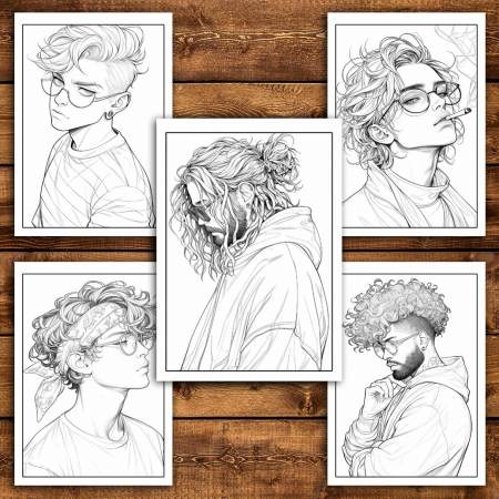Carte de colorat pentru relaxare si antistres, 50 de ilustratii, Anime Hipster Boys, 106 pagini [5]