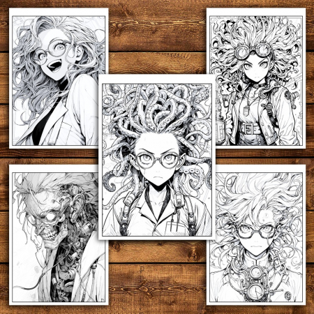 Carte de colorat pentru relaxare si antistres, 50 de ilustratii, Anime Mad Scientists, 106 pagini [4]