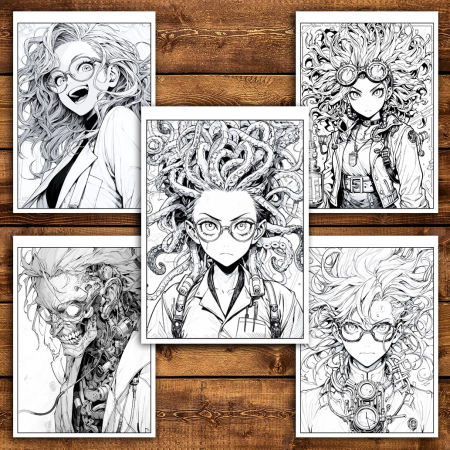 Carte de colorat pentru relaxare si antistres, 50 de ilustratii, Anime Mad Scientists, 106 pagini [4]